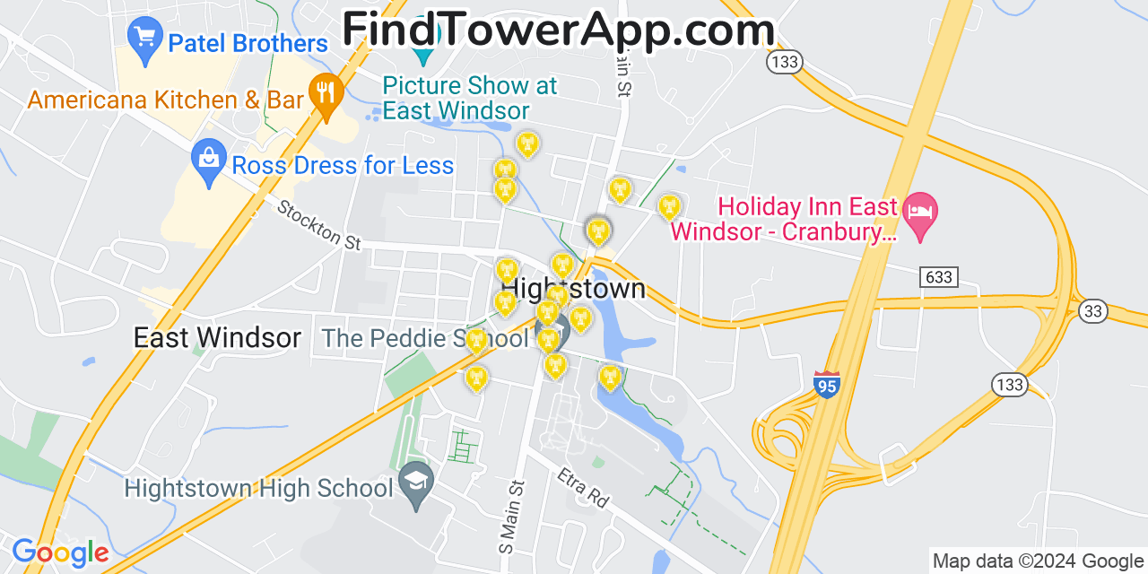 AT&T 4G/5G cell tower coverage map Hightstown, New Jersey