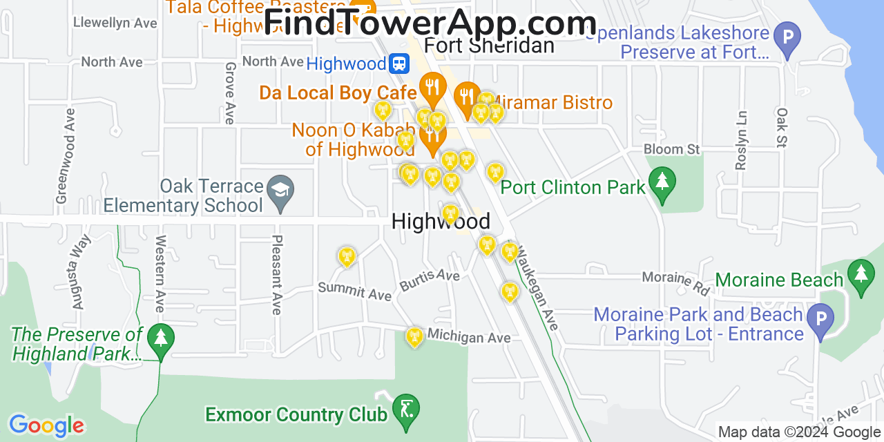 AT&T 4G/5G cell tower coverage map Highwood, Illinois