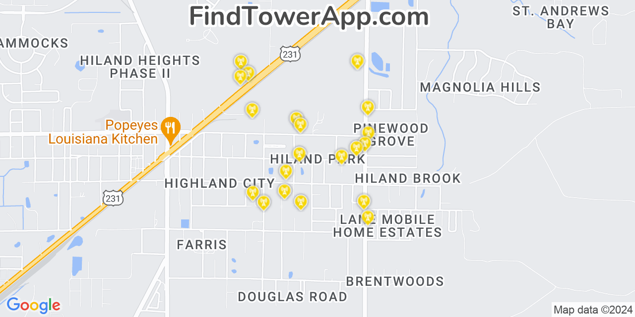 AT&T 4G/5G cell tower coverage map Hiland Park, Florida