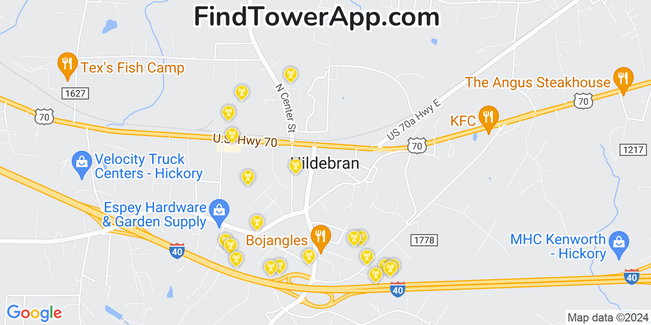 AT&T 4G/5G cell tower coverage map Hildebran, North Carolina