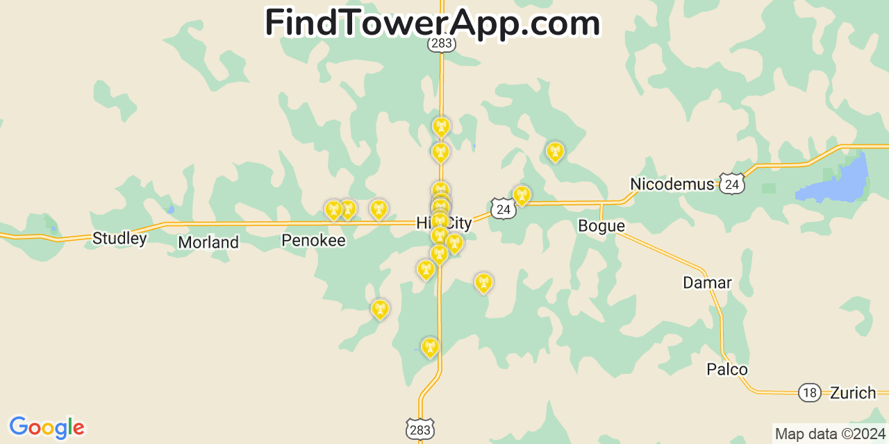 AT&T 4G/5G cell tower coverage map Hill City, Kansas