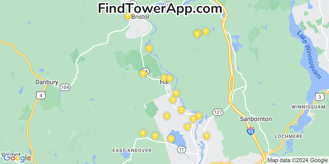 AT&T 4G/5G cell tower coverage map Hill, New Hampshire