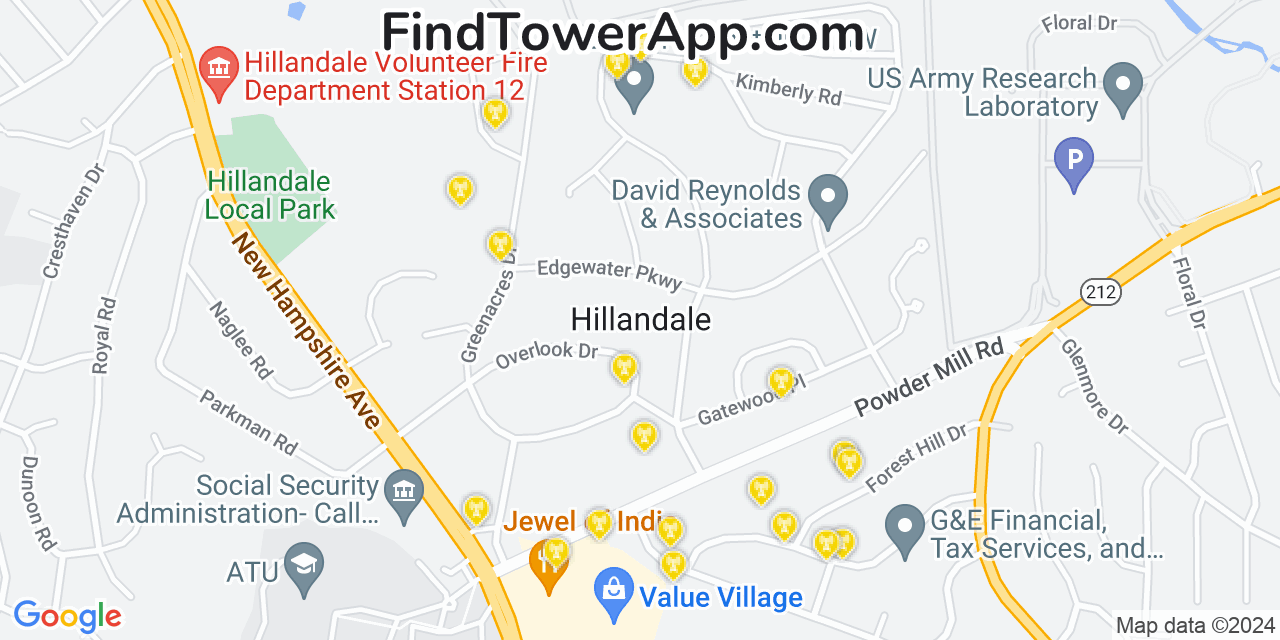 AT&T 4G/5G cell tower coverage map Hillandale, Maryland