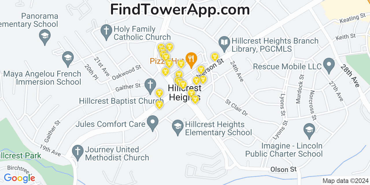 AT&T 4G/5G cell tower coverage map Hillcrest Heights, Maryland