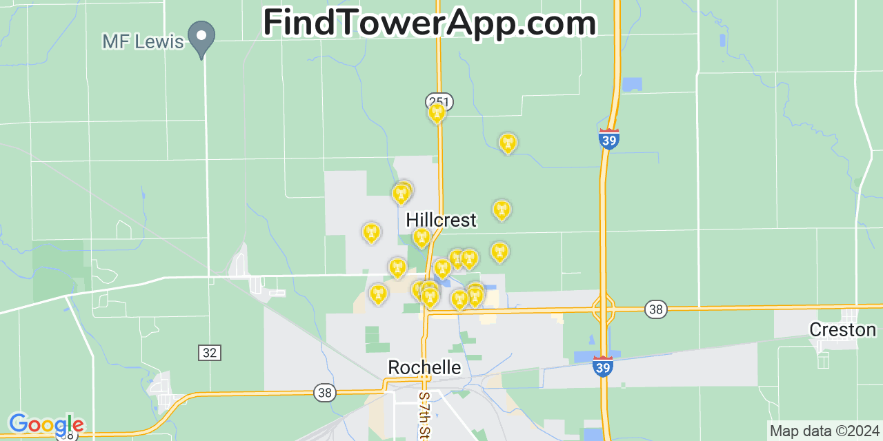 AT&T 4G/5G cell tower coverage map Hillcrest, Illinois