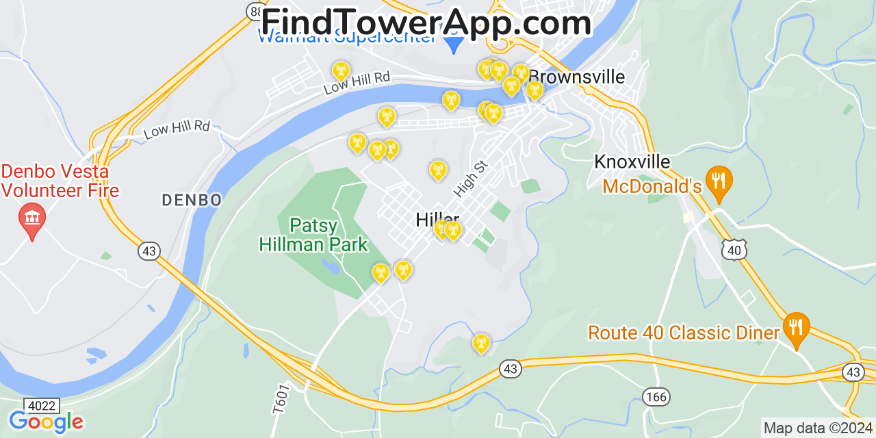 Verizon 4G/5G cell tower coverage map Hiller, Pennsylvania