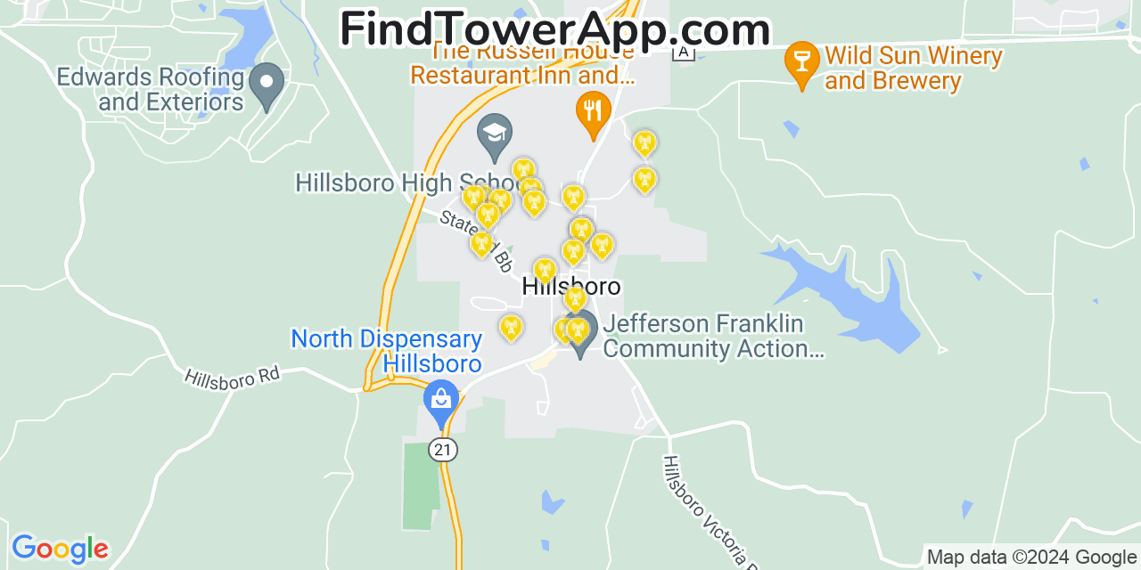 AT&T 4G/5G cell tower coverage map Hillsboro, Missouri