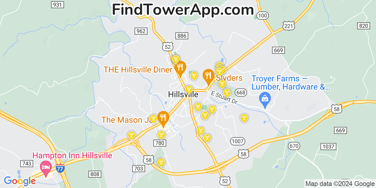 AT&T 4G/5G cell tower coverage map Hillsville, Virginia