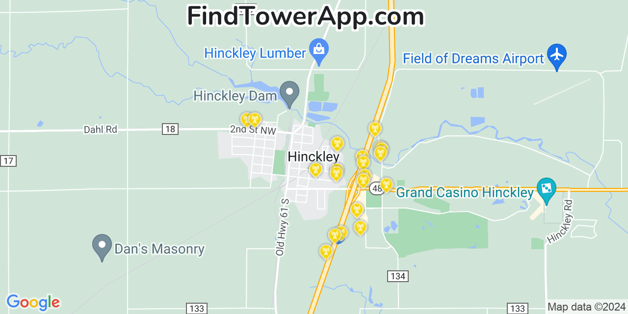 Verizon 4G/5G cell tower coverage map Hinckley, Minnesota