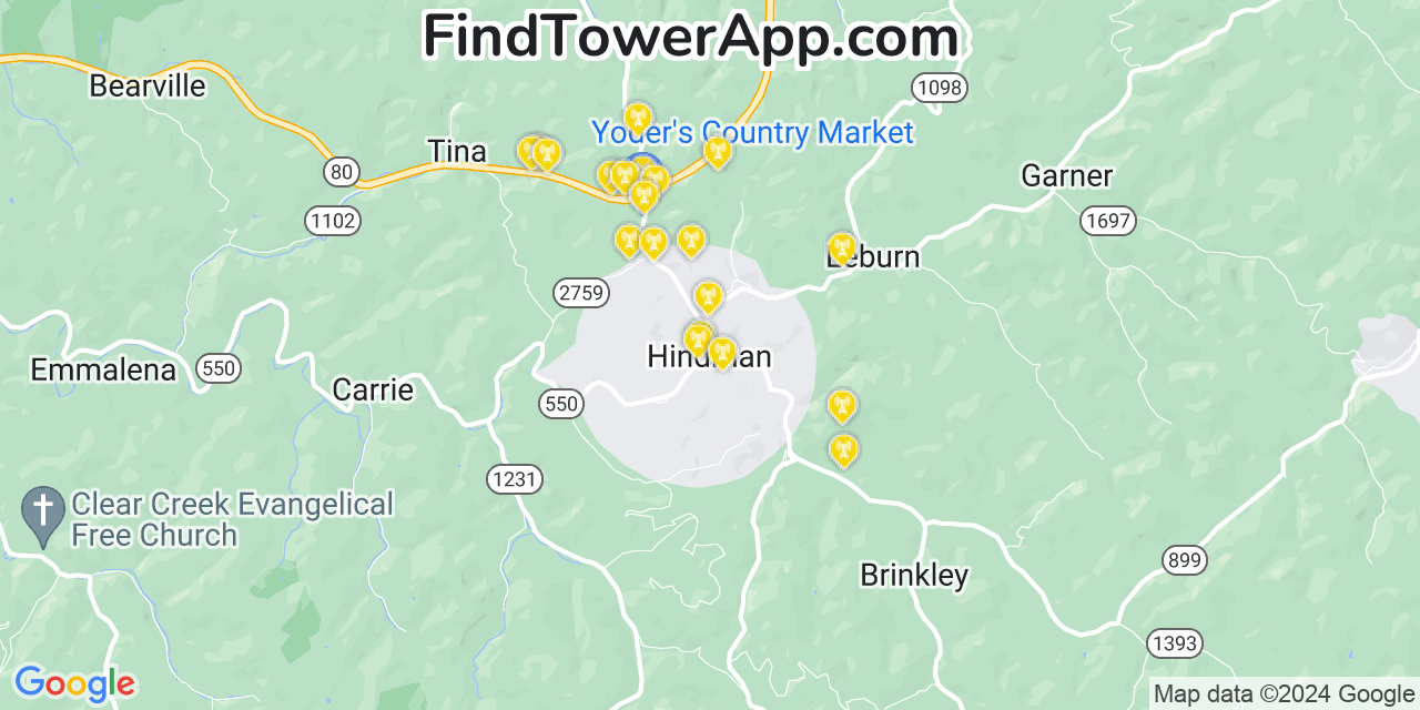 AT&T 4G/5G cell tower coverage map Hindman, Kentucky