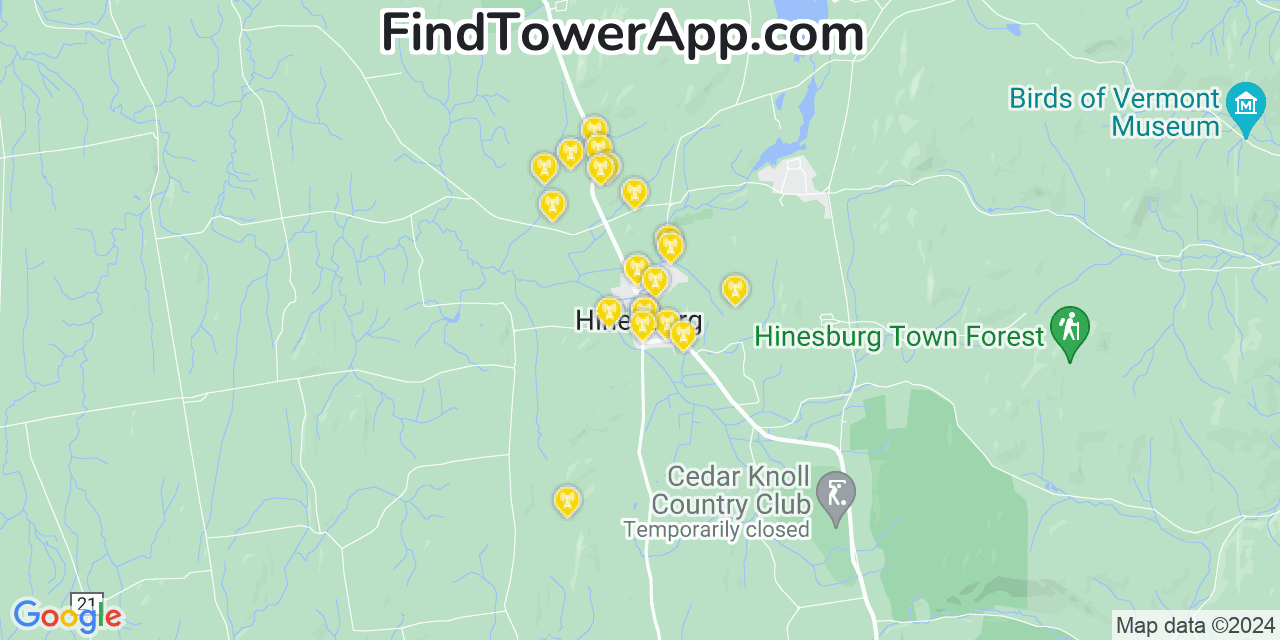 AT&T 4G/5G cell tower coverage map Hinesburg, Vermont