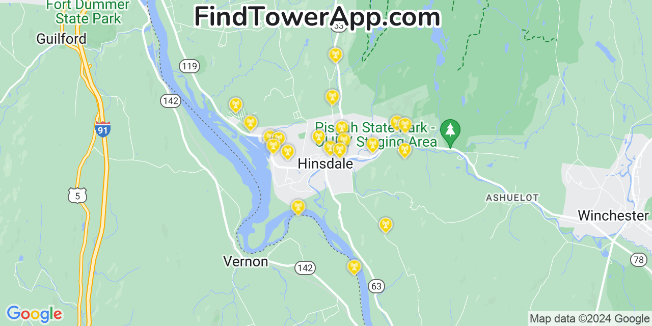 AT&T 4G/5G cell tower coverage map Hinsdale, New Hampshire