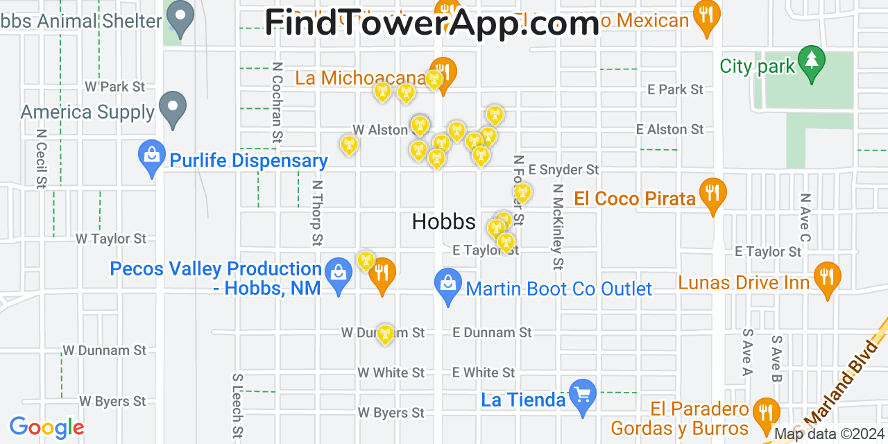 AT&T 4G/5G cell tower coverage map Hobbs, New Mexico
