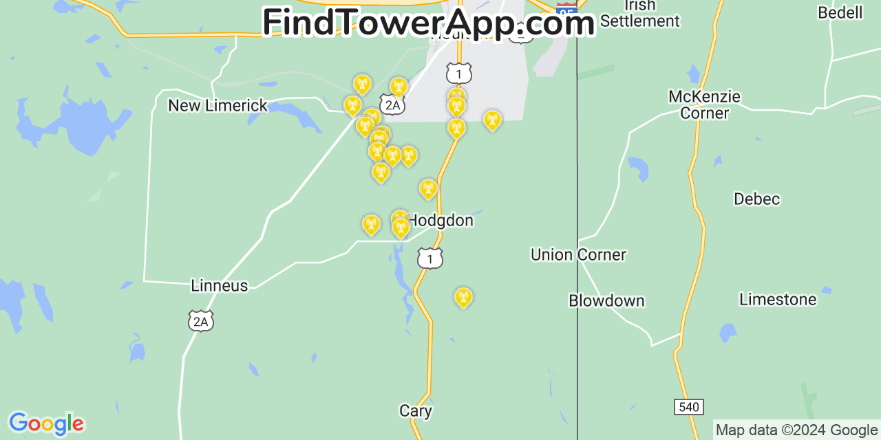 AT&T 4G/5G cell tower coverage map Hodgdon, Maine