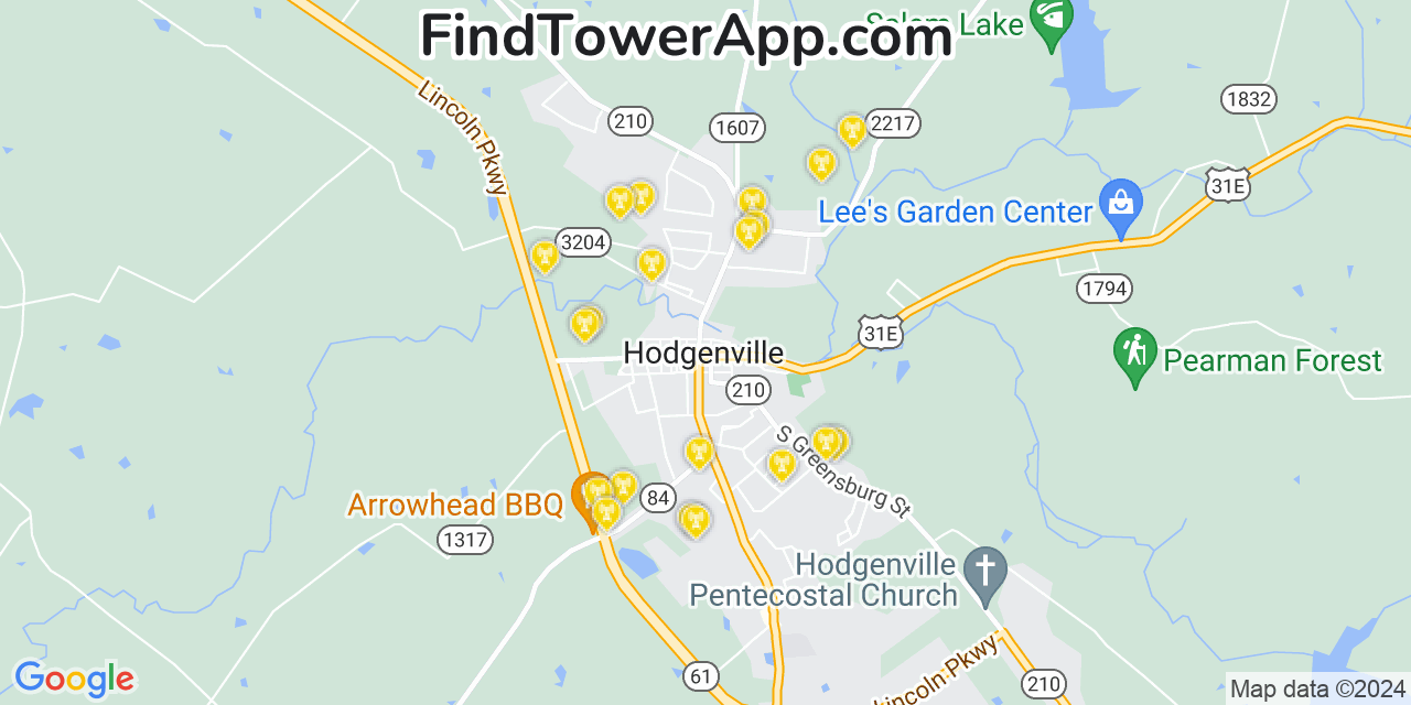 AT&T 4G/5G cell tower coverage map Hodgenville, Kentucky