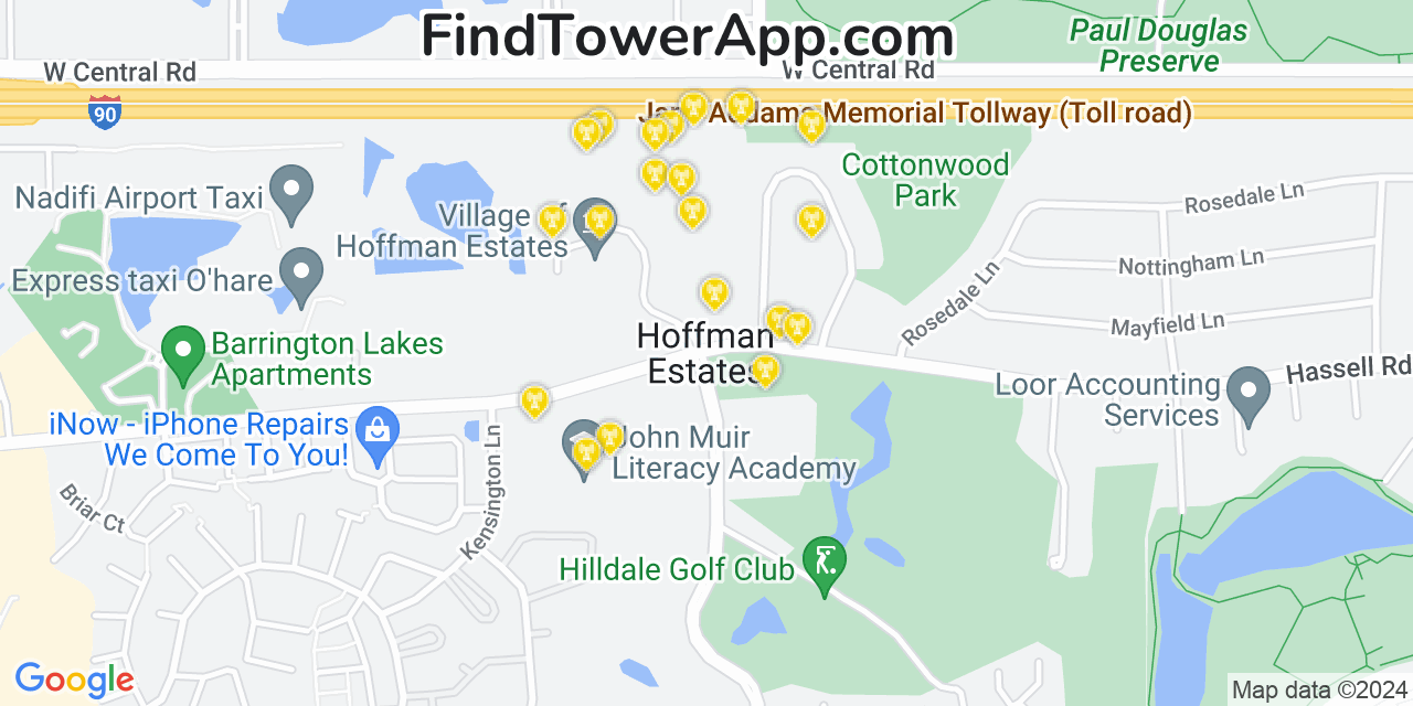 AT&T 4G/5G cell tower coverage map Hoffman Estates, Illinois