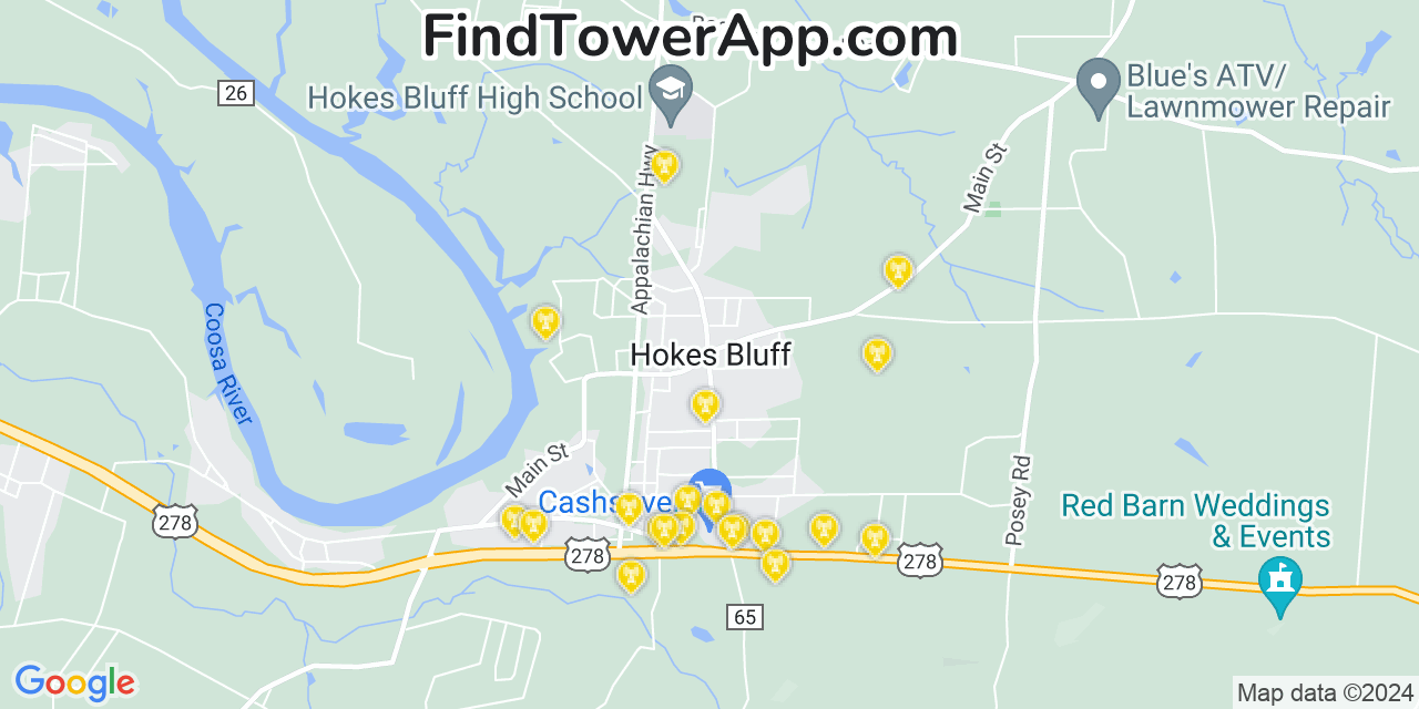 AT&T 4G/5G cell tower coverage map Hokes Bluff, Alabama