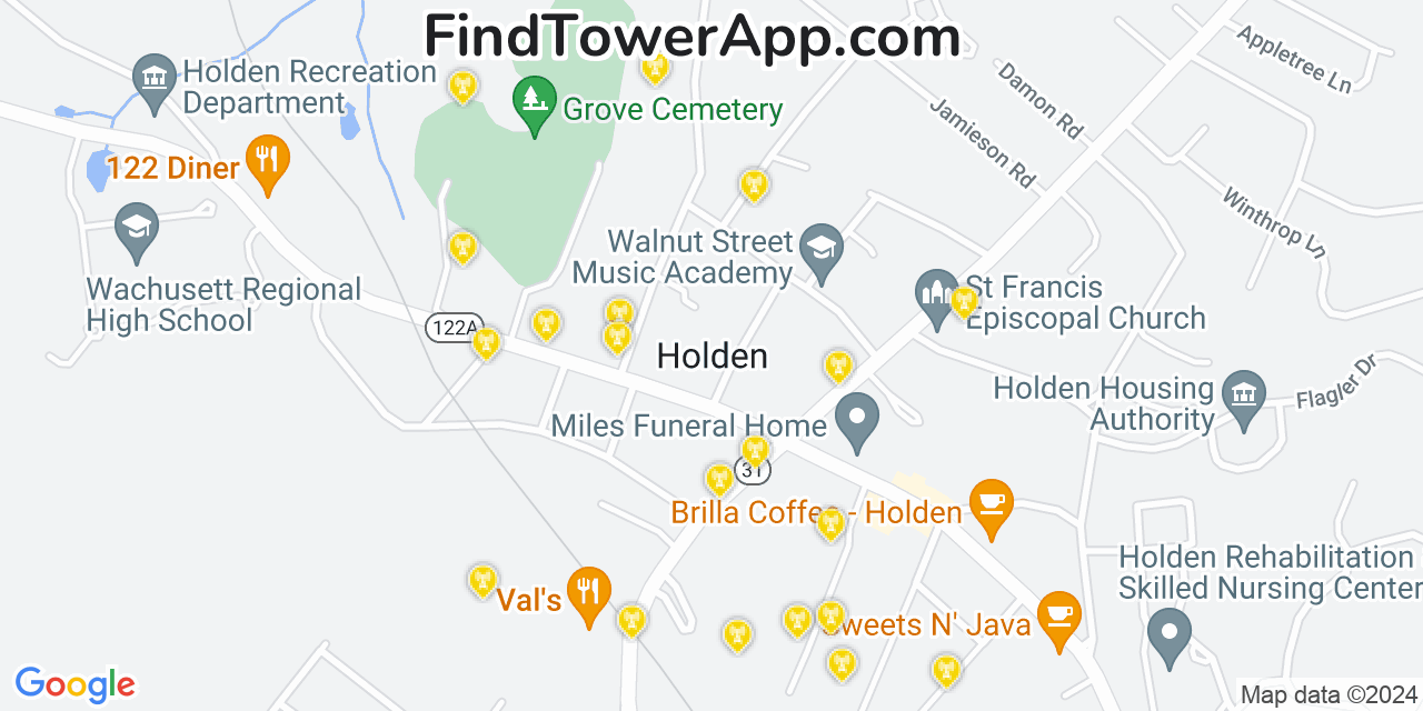 AT&T 4G/5G cell tower coverage map Holden, Massachusetts