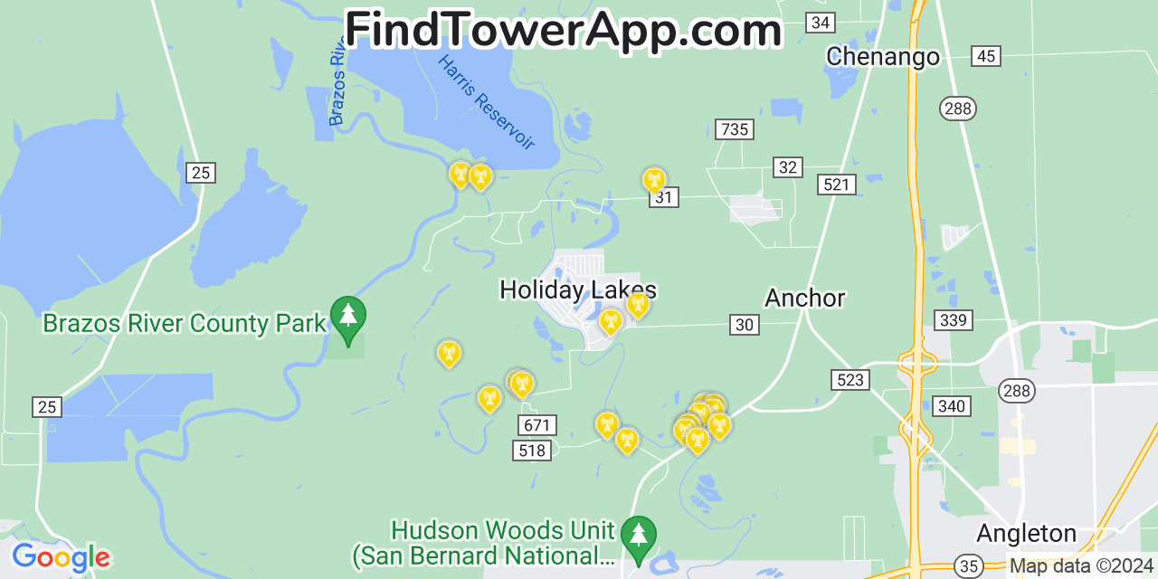 AT&T 4G/5G cell tower coverage map Holiday Lakes, Texas