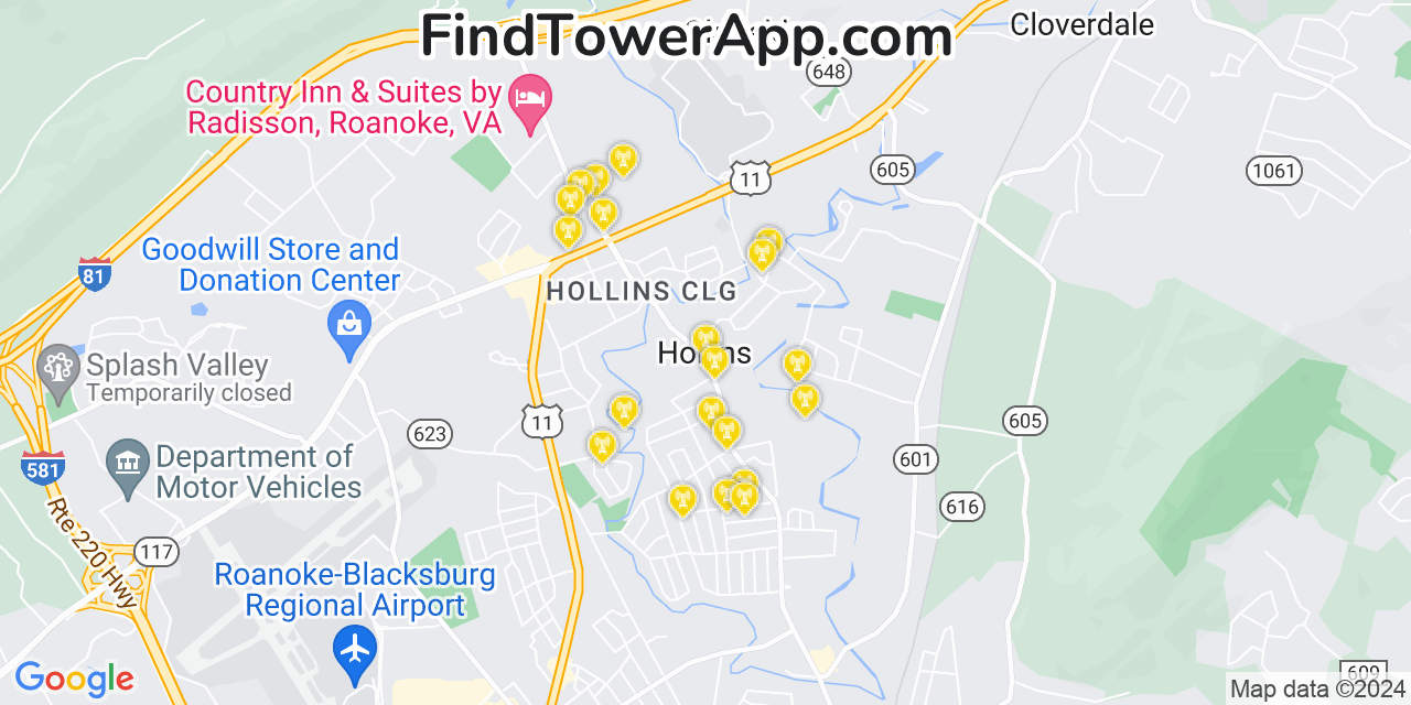 AT&T 4G/5G cell tower coverage map Hollins, Virginia