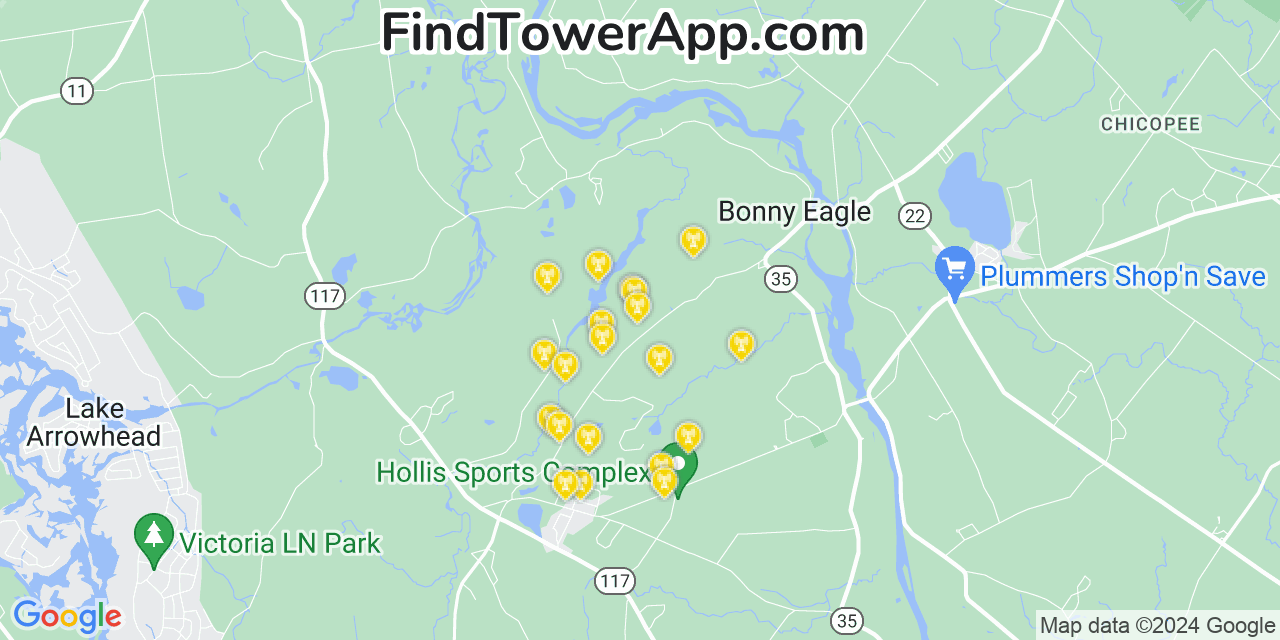 AT&T 4G/5G cell tower coverage map Hollis Center, Maine