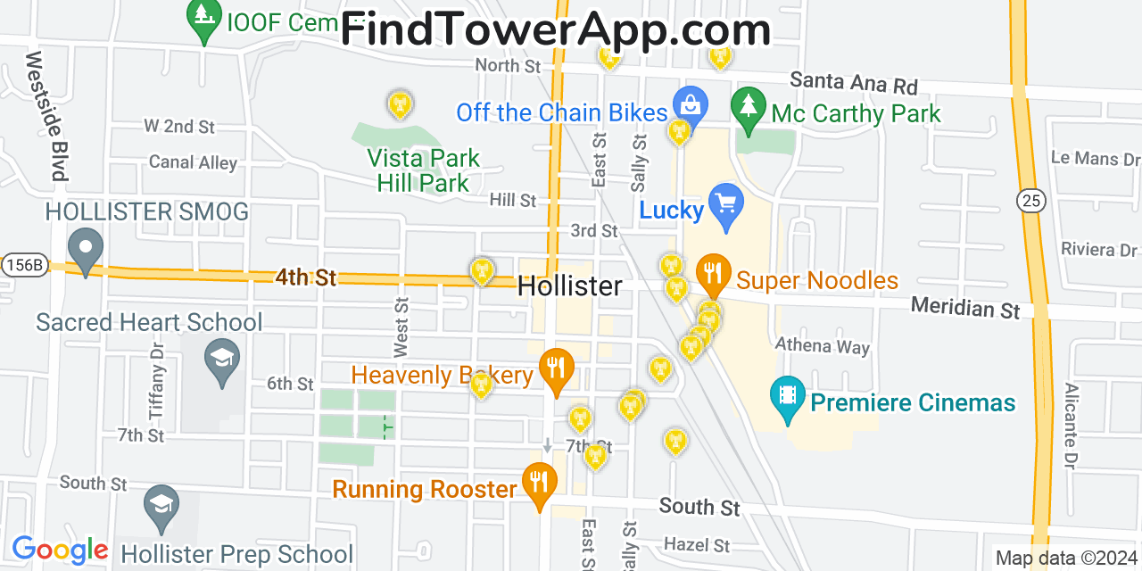 AT&T 4G/5G cell tower coverage map Hollister, California