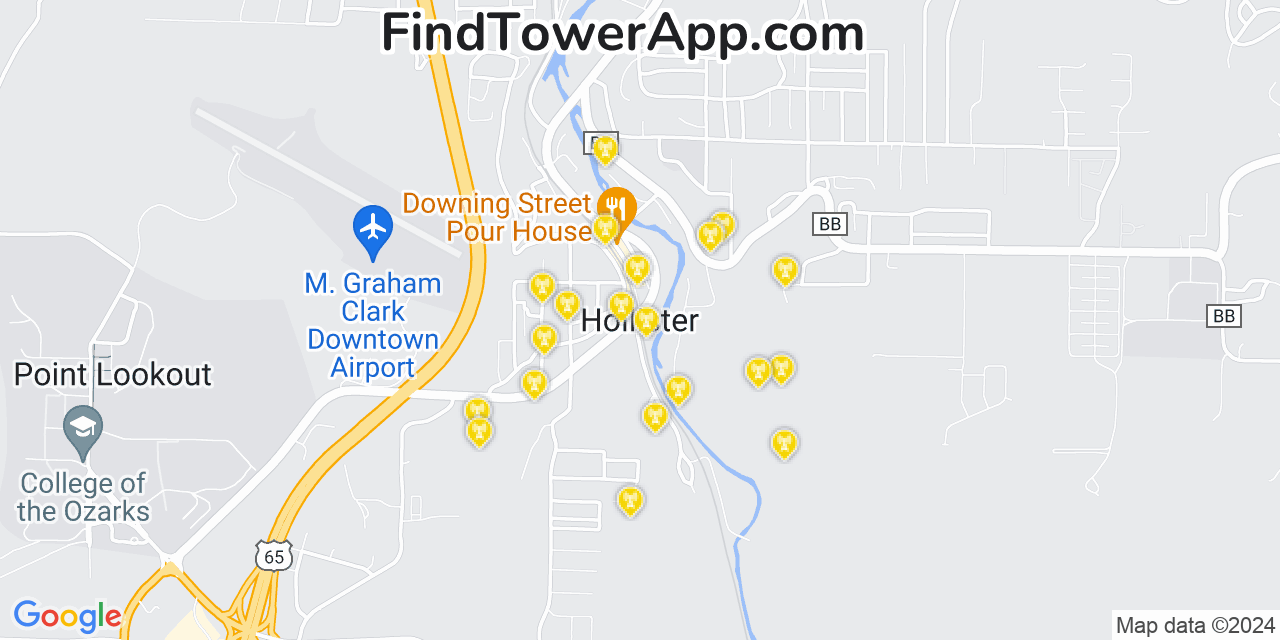 AT&T 4G/5G cell tower coverage map Hollister, Missouri