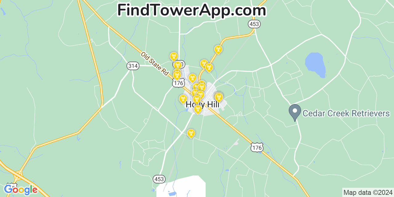 AT&T 4G/5G cell tower coverage map Holly Hill, South Carolina