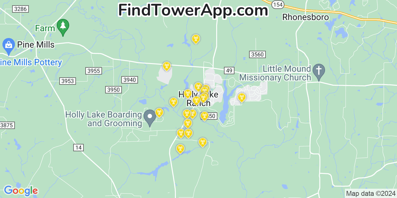 Verizon 4G/5G cell tower coverage map Holly Lake Ranch, Texas