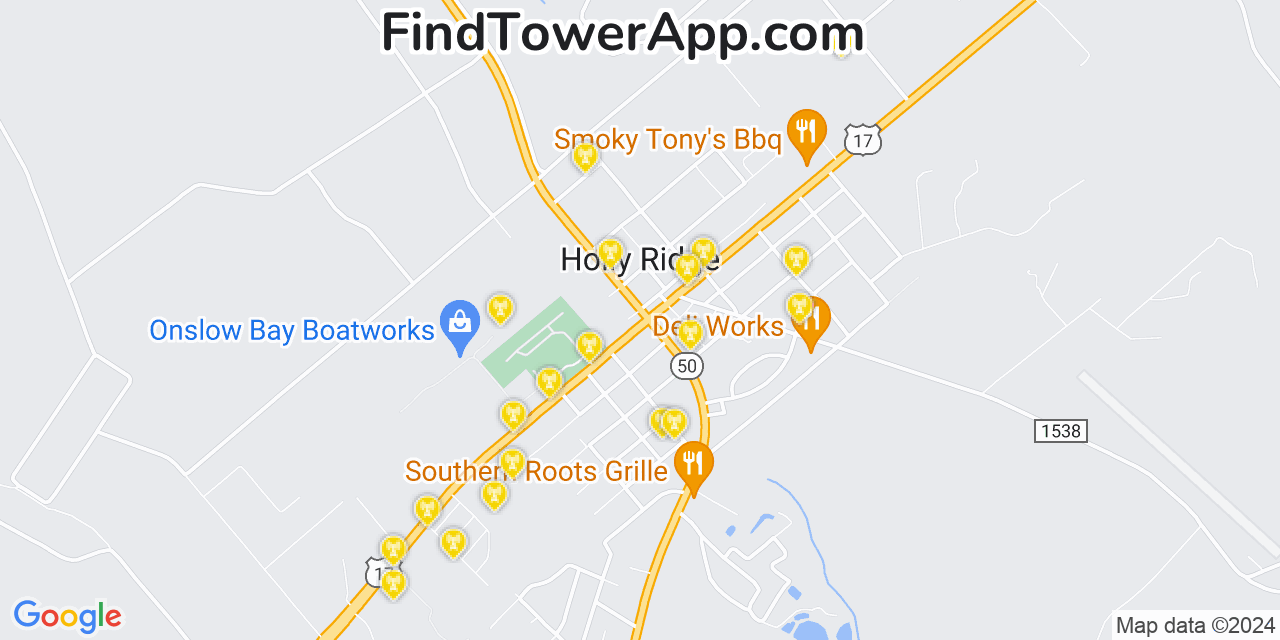 AT&T 4G/5G cell tower coverage map Holly Ridge, North Carolina