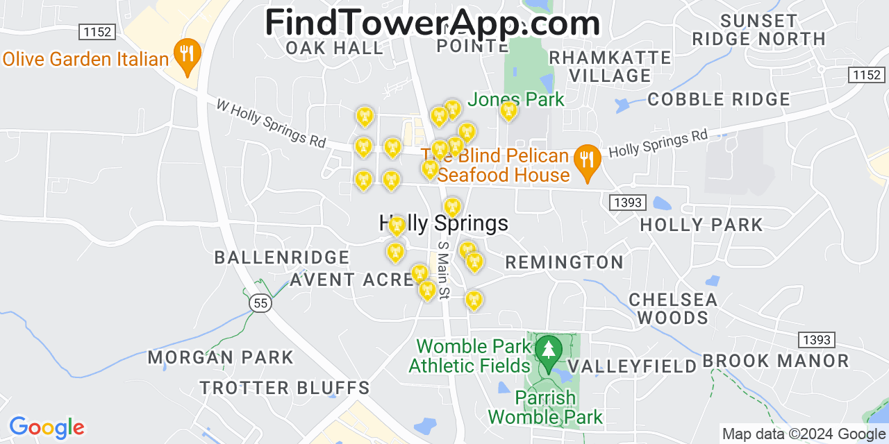 AT&T 4G/5G cell tower coverage map Holly Springs, North Carolina