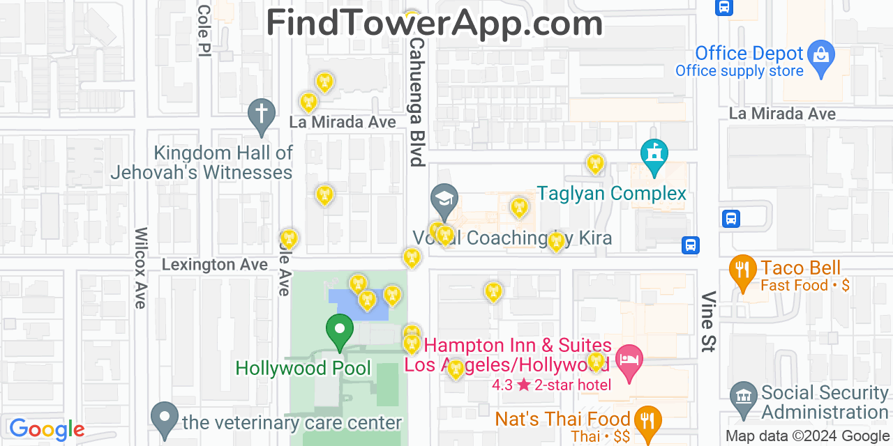 AT&T 4G/5G cell tower coverage map Hollywood, California
