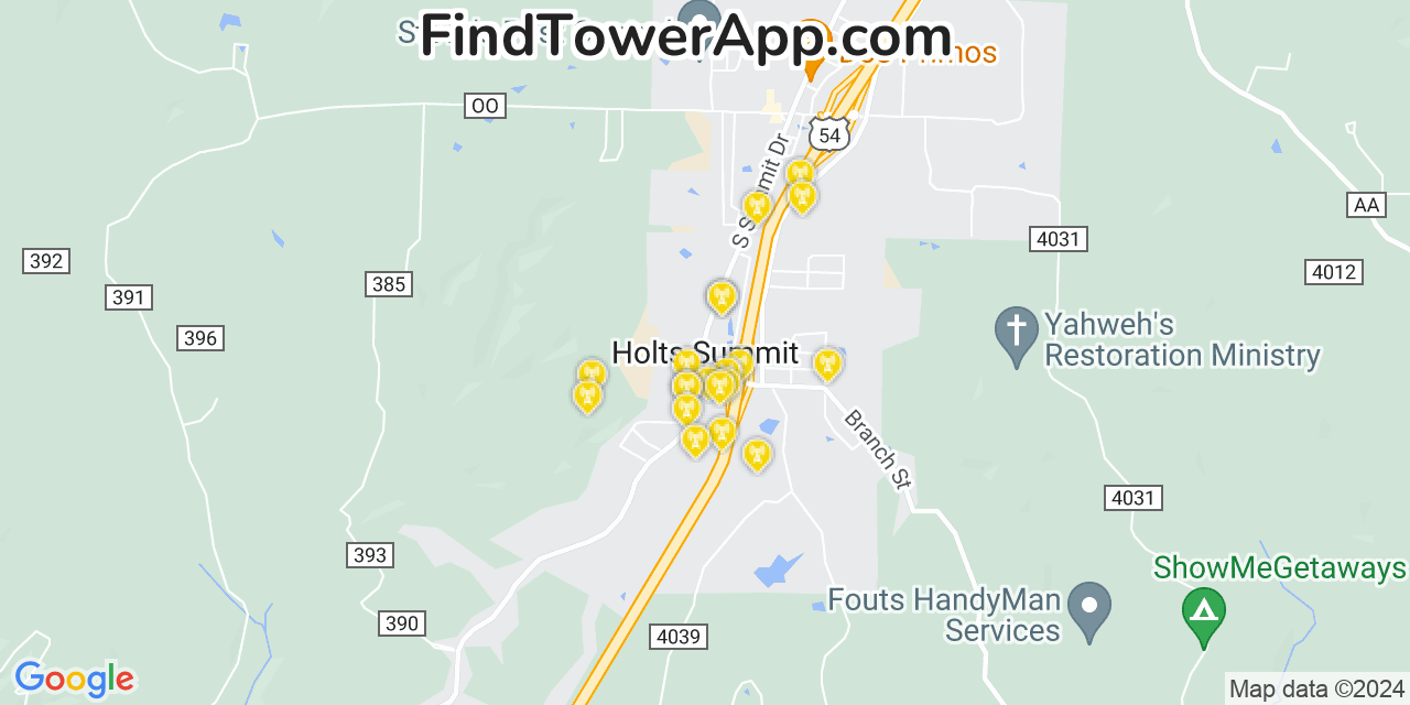 AT&T 4G/5G cell tower coverage map Holts Summit, Missouri