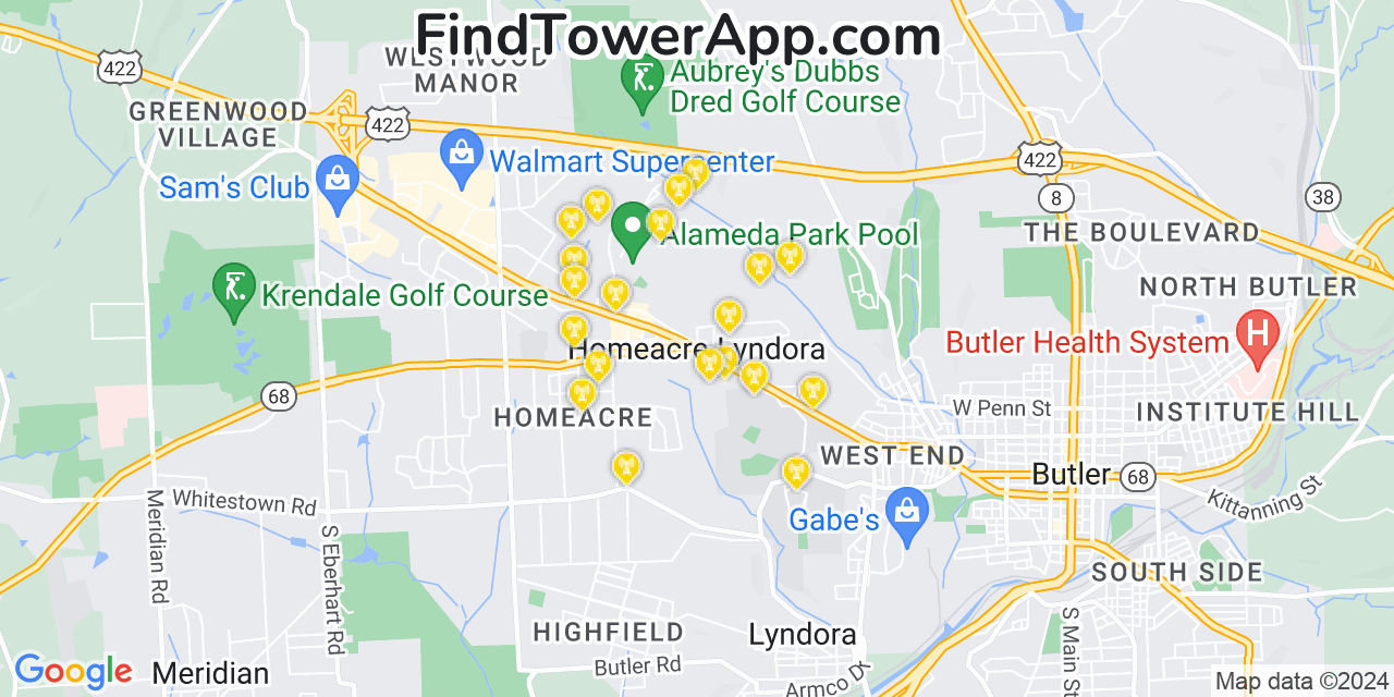 AT&T 4G/5G cell tower coverage map Homeacre Lyndora, Pennsylvania