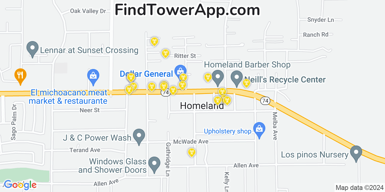 AT&T 4G/5G cell tower coverage map Homeland, California