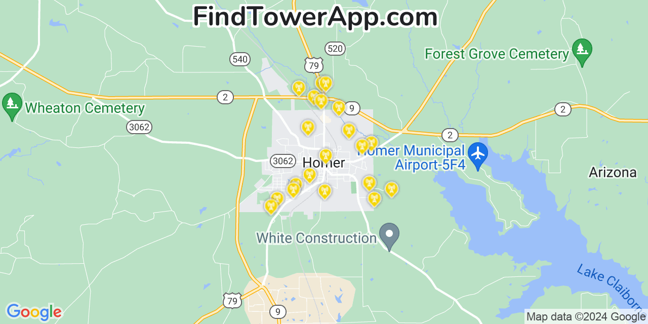 AT&T 4G/5G cell tower coverage map Homer, Louisiana