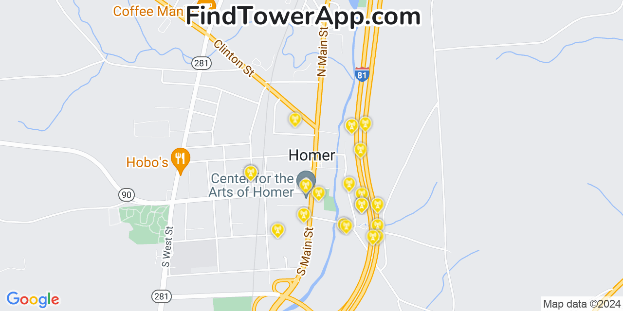 AT&T 4G/5G cell tower coverage map Homer, New York