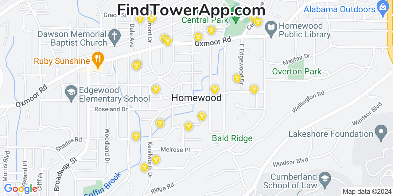 AT&T 4G/5G cell tower coverage map Homewood, Alabama