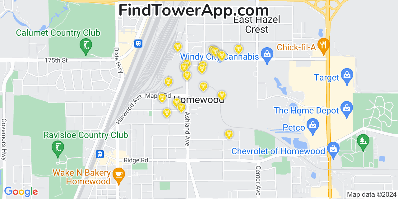 AT&T 4G/5G cell tower coverage map Homewood, Illinois