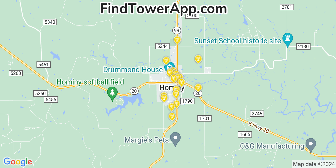 AT&T 4G/5G cell tower coverage map Hominy, Oklahoma