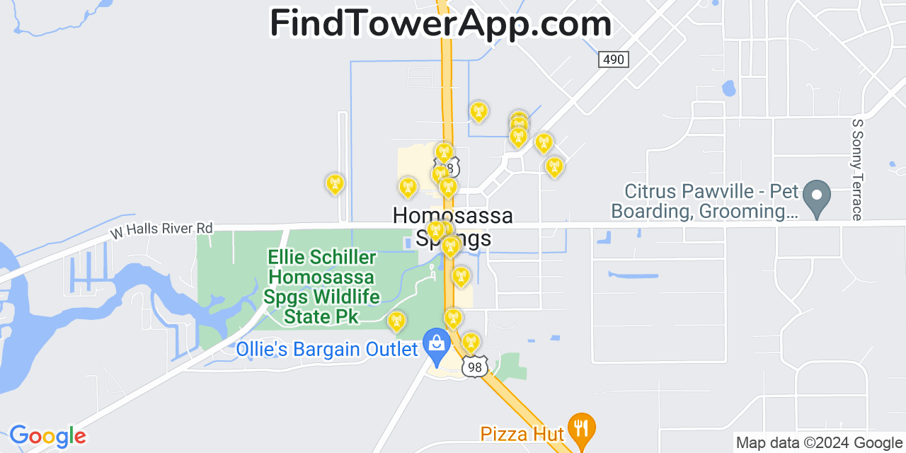 AT&T 4G/5G cell tower coverage map Homosassa Springs, Florida
