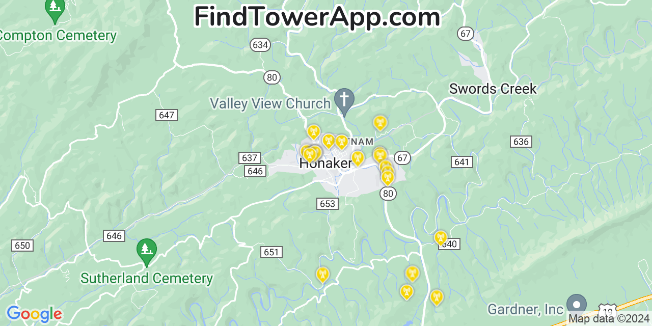 Verizon 4G/5G cell tower coverage map Honaker, Virginia