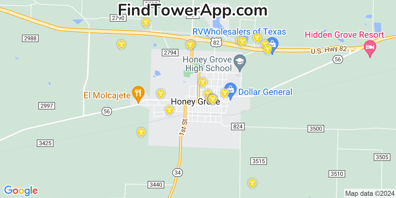 AT&T 4G/5G cell tower coverage map Honey Grove, Texas