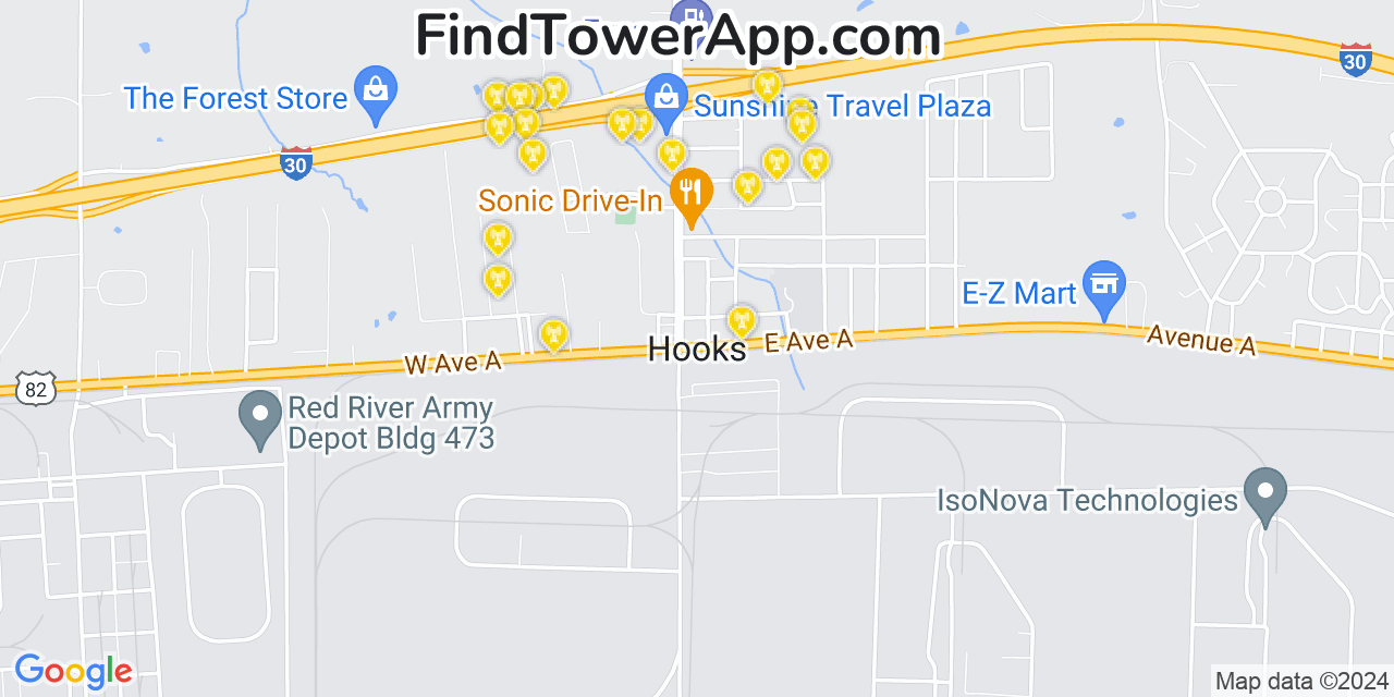 AT&T 4G/5G cell tower coverage map Hooks, Texas