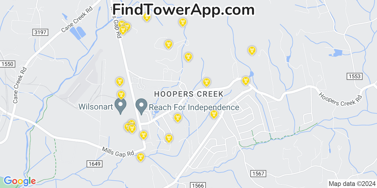 AT&T 4G/5G cell tower coverage map Hoopers Creek, North Carolina
