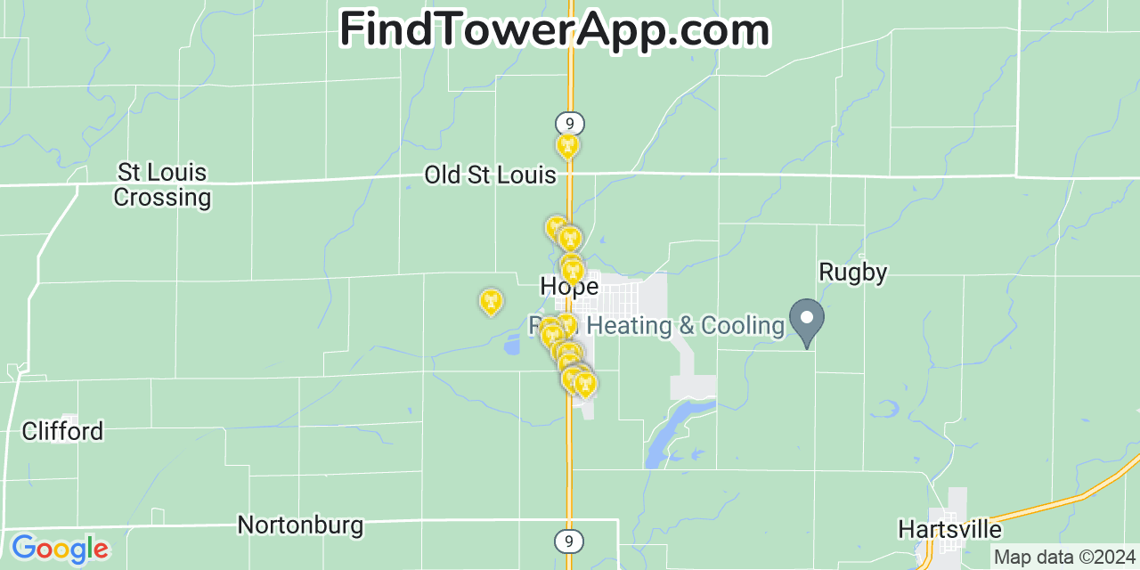 AT&T 4G/5G cell tower coverage map Hope, Indiana