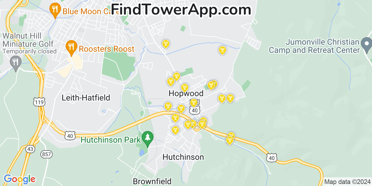 AT&T 4G/5G cell tower coverage map Hopwood, Pennsylvania