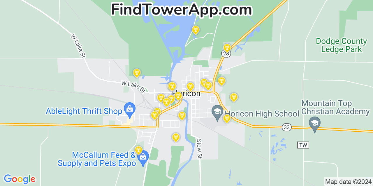 AT&T 4G/5G cell tower coverage map Horicon, Wisconsin