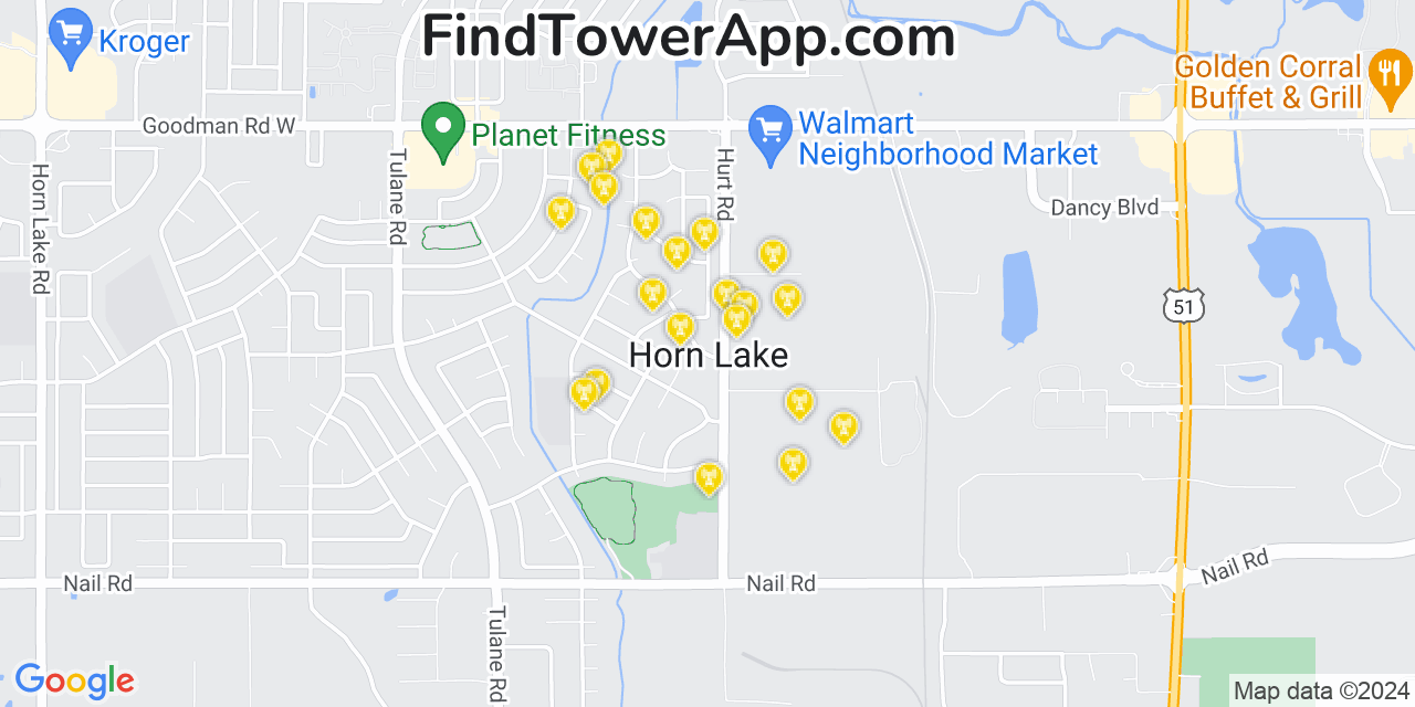 AT&T 4G/5G cell tower coverage map Horn Lake, Mississippi