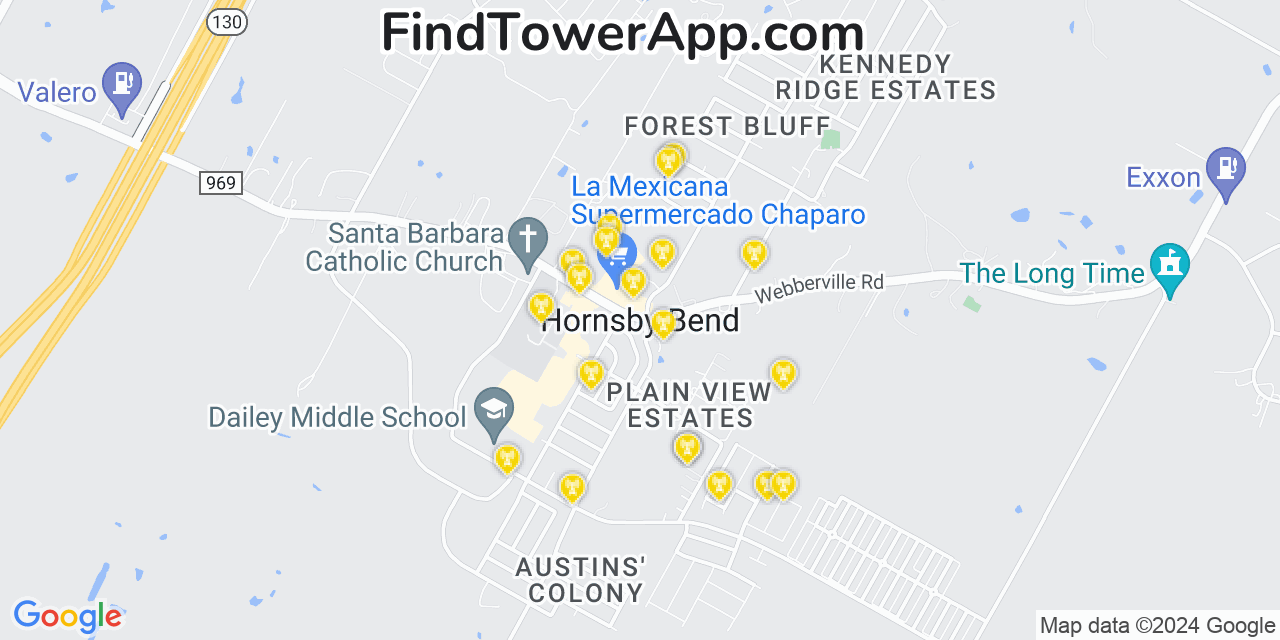 AT&T 4G/5G cell tower coverage map Hornsby Bend, Texas